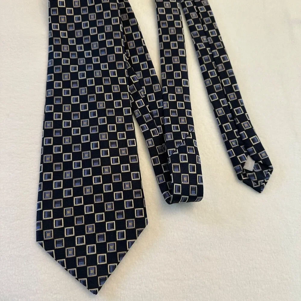 Burma Bibas Mens 100% Silk Dark Blue Geometric Square Necktie 58